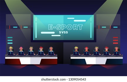 E sport tournament, team of professional gamer playing in competitive video game. Games tournament. Vector illustration 
