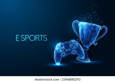 E sports, virtual gaming tournament futuristic concept with game controller and winner trophy cup in glowing low polygonal style on dark blue background. Modern abstract design vector illustration