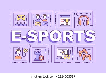 E sports word concepts purple banner. Competitive video gaming. Infographics with editable icons on color background. Isolated typography. Vector illustration with text. Arial-Black font used