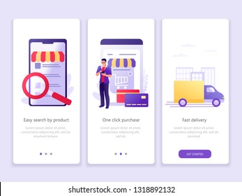 E store marketing, online shopping, delivery. Onboarding screens user interface kit. M commerce. Modern user interface UX, UI screen template for mobile smart phone or web site. Vector Illustration
