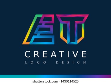 E T Logo. ET Letter Design Vector with Magenta blue and green yellow color.