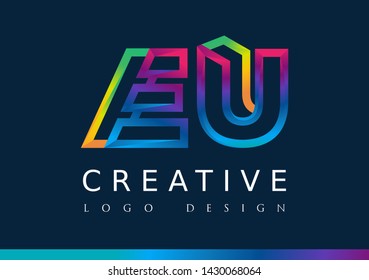 E U Logo. EU Letter Design Vector with Magenta blue and green yellow color.