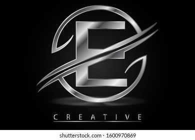 E uppercase letter with silver metallic texture on round frame. Platinum symbol for icon, logo, label, company name, cover, brochure, card, font, luxury business, jewelry or web page design element.