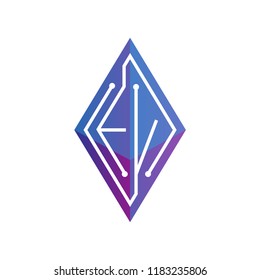 E V Initial letter block chain logo icon vector template. Looping mono line circuit letter on rhombus cube logo