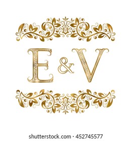 E and V vintage initials logo symbol. The letters are surrounded by ornamental elements. Wedding or business partners monogram in royal style.