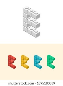 E vector letter with colourful plastic toy brick, isolated isometric 3d childish block font. Perfect for kids labels, birthday and kindergarten posters, school style, children magazines etc.