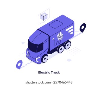 E vehicle lorry delivering cargo driving along route. Electric truck concept isometric vector illustration. AI logistics technology and eco friendly transport cartoon objects composition