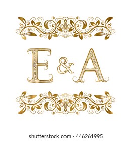 E and A vintage initials logo symbol. The letters are surrounded by ornamental elements. Wedding or business partners monogram in royal style.