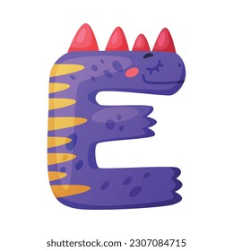 E vowel letter dino font. Dinosaur alphabet, cute dino effect purple letter sign, abc for kids, nursery, birthday party design cartoon vector illustration