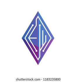 E W Initial letter block chain logo icon vector template. Looping mono line circuit letter on rhombus cube logo