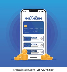 Cartera electrónica, banca, pago digital, transacción en línea en la ilustración de concepto de teléfono móvil