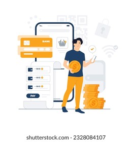 E wallet, digital payment, online transaction with a Man standing and holding mobile phone concept illustration