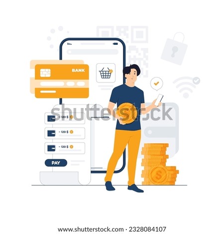 E wallet, digital payment, online transaction with a Man standing and holding mobile phone concept illustration