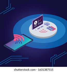 E wallet isometric color vector illustration. Credit card, electronic wallet smartphone app. IOT, debit card and mobile phone wireless connection 3d concept isolated on blue background