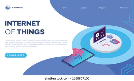 E wallet isometric landing page vector template with isometric illustration. Electronic wallet smartphone app. Debit card and mobile phone connection. Website interface design. Webpage 3d concept