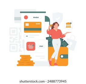 E wallet online transaction digital payment with woman standing and holding credit card concept illustration