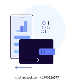 E wallet. Smartphone. Digital money. Crypto currency. Modern economics, financial technologies. Modern flat icon. Vector file.