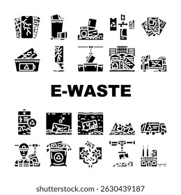 e resíduos ícones de reciclagem de poluição definir vetor. eliminação, eletrônica, ambiente de poluição, sustentabilidade, gestão de resíduos e reciclagem de poluição de resíduos pictograma de glifo Ilustrações