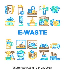 e ícones de reciclagem de poluição de resíduos definir vetor. eliminação, eletrônica, ambiente de poluição, sustentabilidade, gestão de resíduos e reciclagem de poluição de resíduos