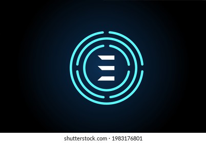 E white icon letter design with blue circles. Alphabet logo design. Branding for products and company