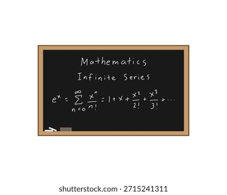 e de una serie infinita (exponencial) en una pizarra escrita a mano como una ecuación matemática para demostrar la enseñanza y escritura de fórmulas matemáticas a mano. Pizarra negra con tiza blanca y goma de borrar en la esquina inferior izquierda. Todo sobre un fondo blanco.