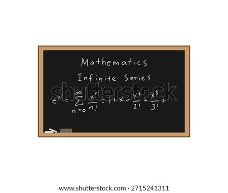 e of x (exponential) infinite series on a chalkboard handwritten as a math equation to demonstrate teaching and writing out mathematical formulas by hand. Black chalkboard with white chalk and eraser in the lower left corner. All on a white background.