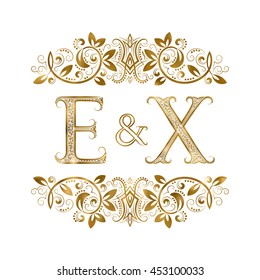 E and X vintage initials logo symbol. The letters are surrounded by ornamental elements. Wedding or business partners monogram in royal style.
