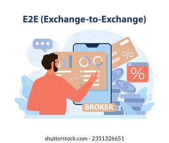 E2E E-commerce model. Integration between of digitaal computer systems. Stock brokerage firms' internal systems and systems of a stock market in which the broker trades. Flat vector illustration