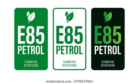 E85 Petrol Sign Design. Eighty Five Ethanol Petrol Fuel Label With Green Leaf Graphic Icon. 