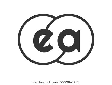 Emblema de empresa EA com esboços de rodadas e letras e a. Modelo de logotipo de dois círculos combinados para a identidade da marca, logotipo. Símbolo Vetor Infinity e sinal de tecnologia.