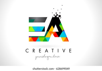 EA E A Letter Logo with Colorful Vivid Triangles Texture Design Vector Illustration.