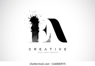 EA E A Letter Logo Design with Black Ink Watercolor Splash Spill Vector Illustration.