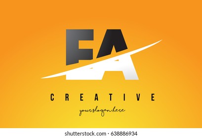 EA E A Letter Modern Logo Design with Swoosh Cutting the Middle Letters and Yellow Background.