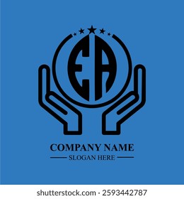 EA initials held within hands, symbolizing trust and protection. The circle represents unity, while stars highlight excellence and ambition.