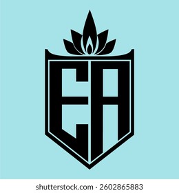 EA Logo featuring a minimalist design with a crown-like flower symbol on top, bold black elements, and a soft blue background, perfect for branding and modern visual identity.