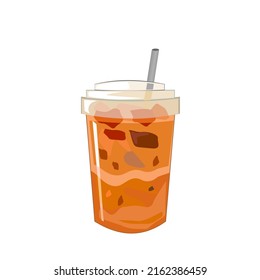 ea with milk mixed in a clear glass with ice.It has a lid and a suction tube on top.Isolated vector illustration on white.