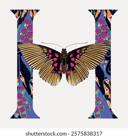 E.A. Séguy patterned font. Colorful butterfly on letter H. Butterfly wings vibrant and detailed. Letter H decorated with butterfly patterns. Vintage illustration vector. Seguy inspired font.