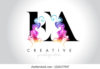 EA Vibrant Creative Leter Logo Design With Colorful Smoke Ink Flowing Vector Illustration.