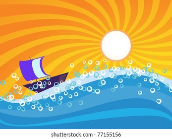 ea wave with blue and white bubbles and orange sunburst sky with floating sail boat
