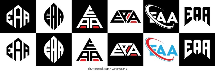 EAA letter logo design in six style. EAA polygon, circle, triangle, hexagon, flat and simple style with black and white color variation letter logo set in one artboard. EAA minimalist and classic logo