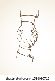Each adult palm office life reach relationship on white sky. Black line drawn job unite aid care logo pictogram sign sketch in modern art cartoon graphic style. Closeup view unity employ join concept