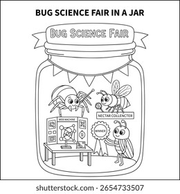 Each bug has a tiny science project: a spider’s web machine and a bee’s nectar collector. Include stands with banners and one bug holding a ribbon or prize.
