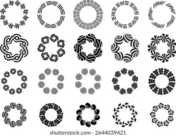  Each design showcases intricate patterns, geometric shapes, and flowing swirls arranged in a harmonious ring formation, all rendered in crisp black. Ideal for creating unique logos, decorative.