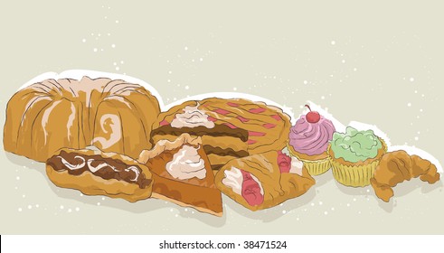 Each dessert item has its fill and outline on separate layers. Background effects are also on separate layer. Easy to add/subtract desserts.