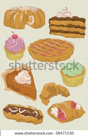 Each dessert item has its fill and outline on separate layers. Background effects are also on separate layer. Easy to add/subtract desserts.