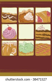 Each dessert item is on separate layers. Background, frames and frame backgrounds on separate layers. Desserts are cropped with clipping mask. Easy to add/subtract desserts.