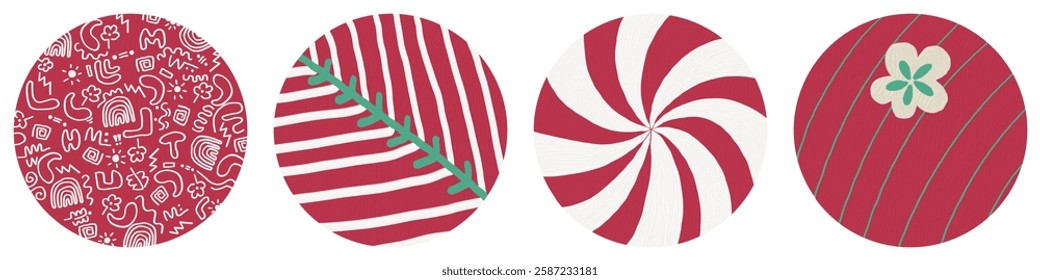 each featuring a distinct design reminiscent of decorated Easter eggs. They all share a common red background, but each one has unique patterns and colors.