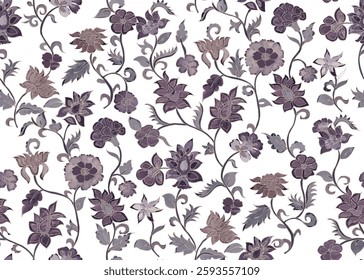 Each flower is connected by stylized, flowing vines or stems, also in shades of brown and gray The stems and leaves exhibit intricate and decorative details, adding to the rich texture and pattern.
