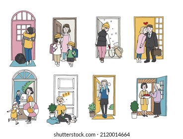 Each life scene set in front of the door A comical handwritten person who goes to work or goes on a trip