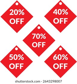 Each red, diamond-shaped label clearly displays a percentage off, including 20%, 40%, 50%, 60%, and 70% OFF, making them ideal for a wide range of marketing and retail applications.